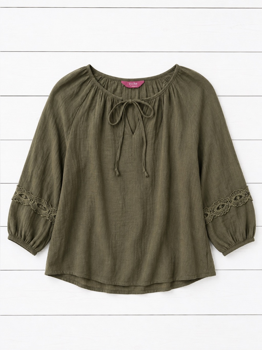 Iyla Olive Green Boho Blouse | Size Medium | Lace Sleeve Peasant Top - Picture 3 of 6
